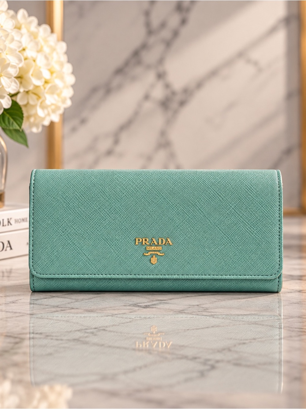 Prada Saffiano Leather Long Wallet – Turquoise Gold Logo Box Included